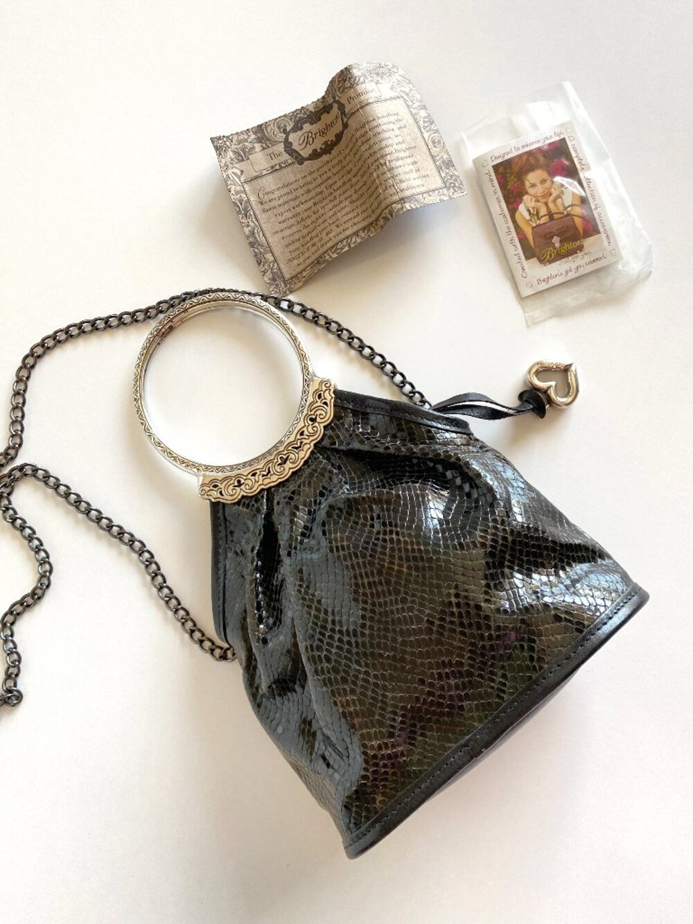 Vintage Brighton Snakeskin Leather Evening Handbag / Shoulder Purse w/ Chain